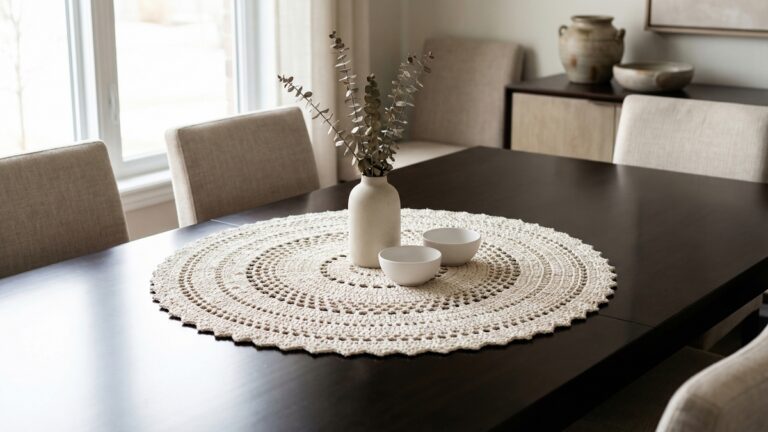 Centro de mesa redondo em crochê com trama delicada em tom natural apoiado diretamente sobre mesa em sala de jantar sofisticada