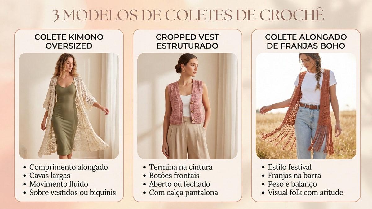 Infográfico com três modelos de coletes de crochê: kimono oversized, cropped vest estruturado e alongado de franjas boho