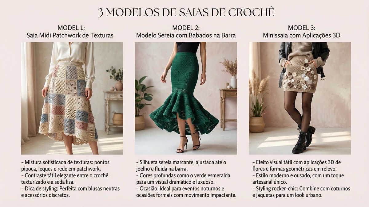 Infográfico com três modelos de saias de crochê: midi patchwork, sereia com babados e minissaia com aplicações 3D