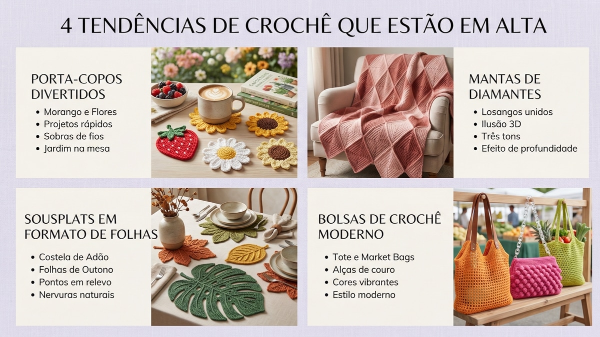 Infográfico com 4 tendências de crochê: porta-copos divertidos, mantas de diamantes, sousplats de folhas e bolsas modernas
