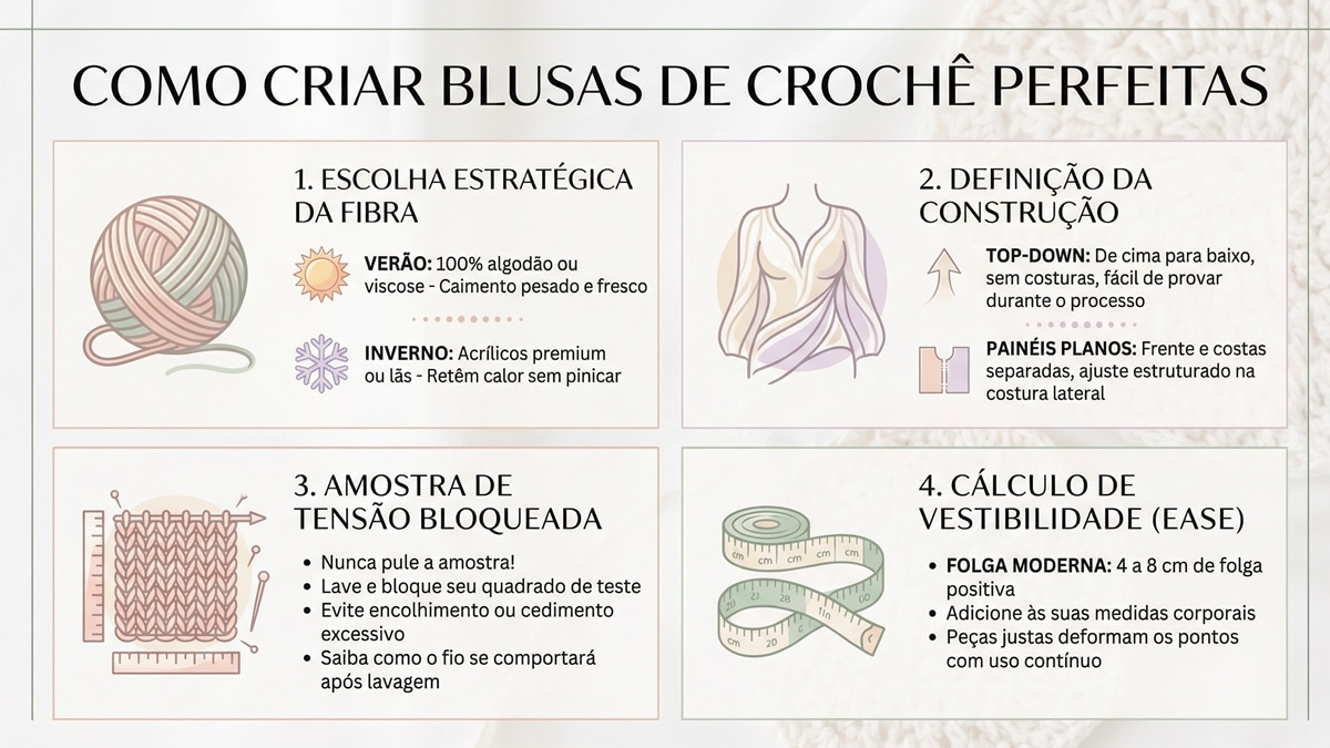 Infográfico detalhado sobre criação de blusas de crochê com 4 seções: escolha de fibras, construção, amostra e vestibilidade