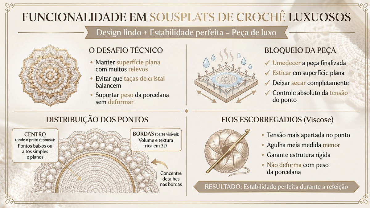 Infográfico funcionalidade em sousplats de crochê luxuosos com técnicas de bloqueio, distribuição de pontos e estabilidade