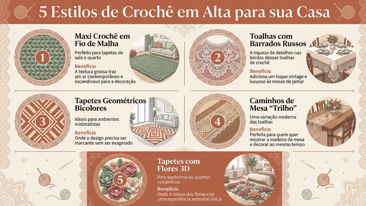 Infografico sobre 5 tendencias de croche alta para decoracao de casa