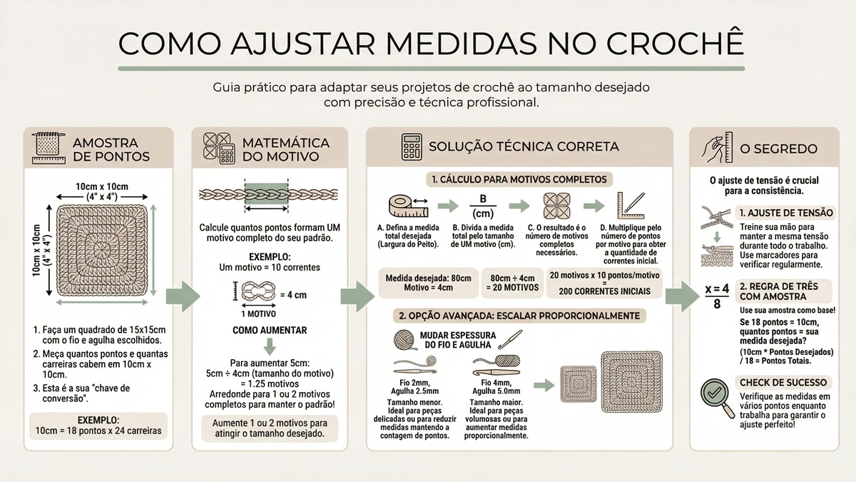 Infografico educativo sobre como ajustar medidas no croche usando amostra de pontos e matematica do motivo
