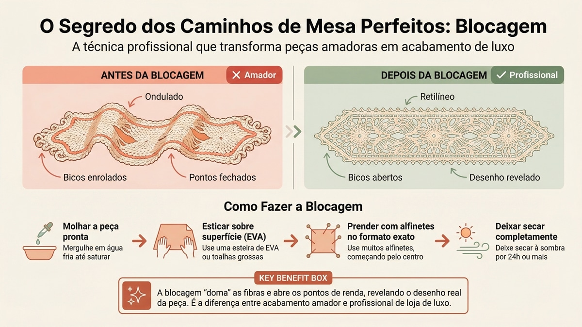 Infográfico mostrando antes e depois da blocagem em caminho de mesa de crochê