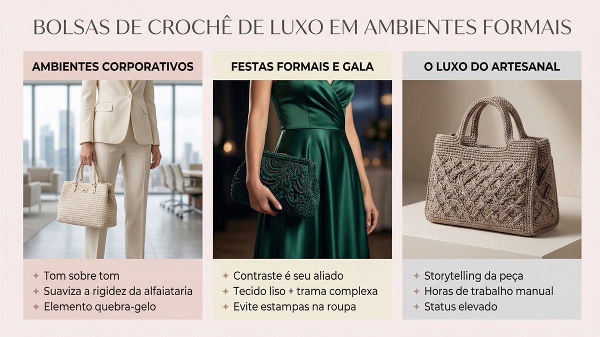 Infográfico sobre uso de bolsas de crochê de luxo em ambientes corporativos e festas formais com dicas de styling