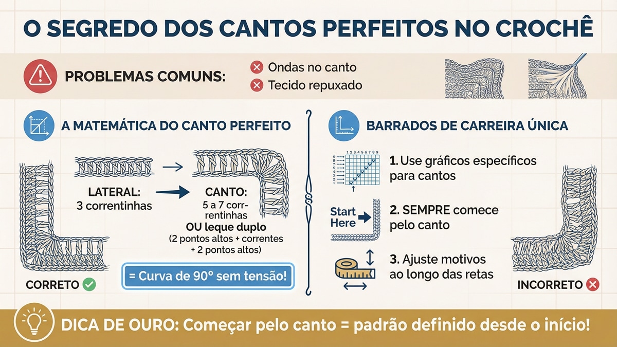 Infográfico técnico sobre como fazer cantos perfeitos em crochê com matemática dos pontos e dicas de execução