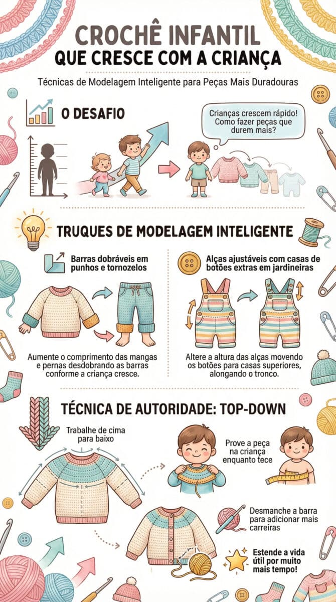 Infografico detalhado sobre tecnicas de modelagem inteligente para croche infantil com truques para pecas que crescem com a crianca