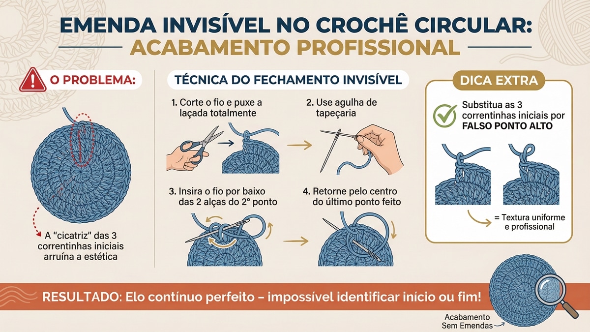 Infográfico técnico sobre emenda invisível no crochê circular com passo a passo e dica do falso ponto alto