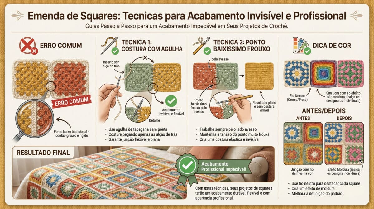 Infografico educativo sobre tecnicasissionais de emenda de granny squares em croche com acabamento invisivel