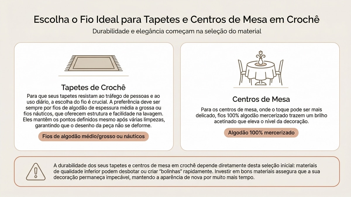 Infográfico sobre escolha de fios para tapetes e centros de mesa em crochê