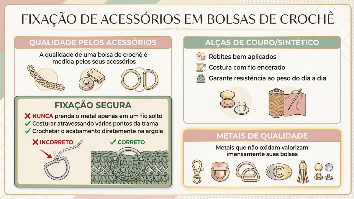 Infográfico educativo sobre técnicas corretas de fixação de acessórios em bolsas de crochê artesanal