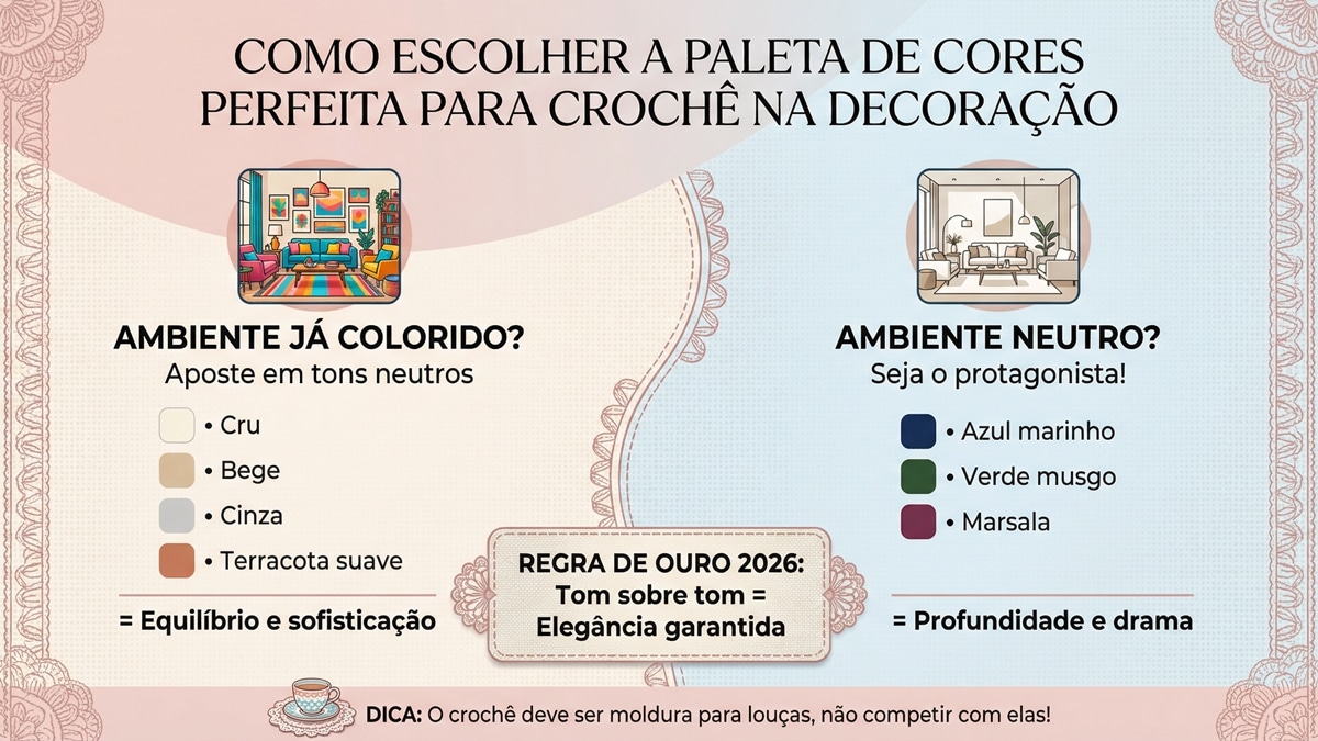 nfográfico sobre como escolher paleta de cores para crochê na decoração com dicas para ambientes coloridos e neutros
