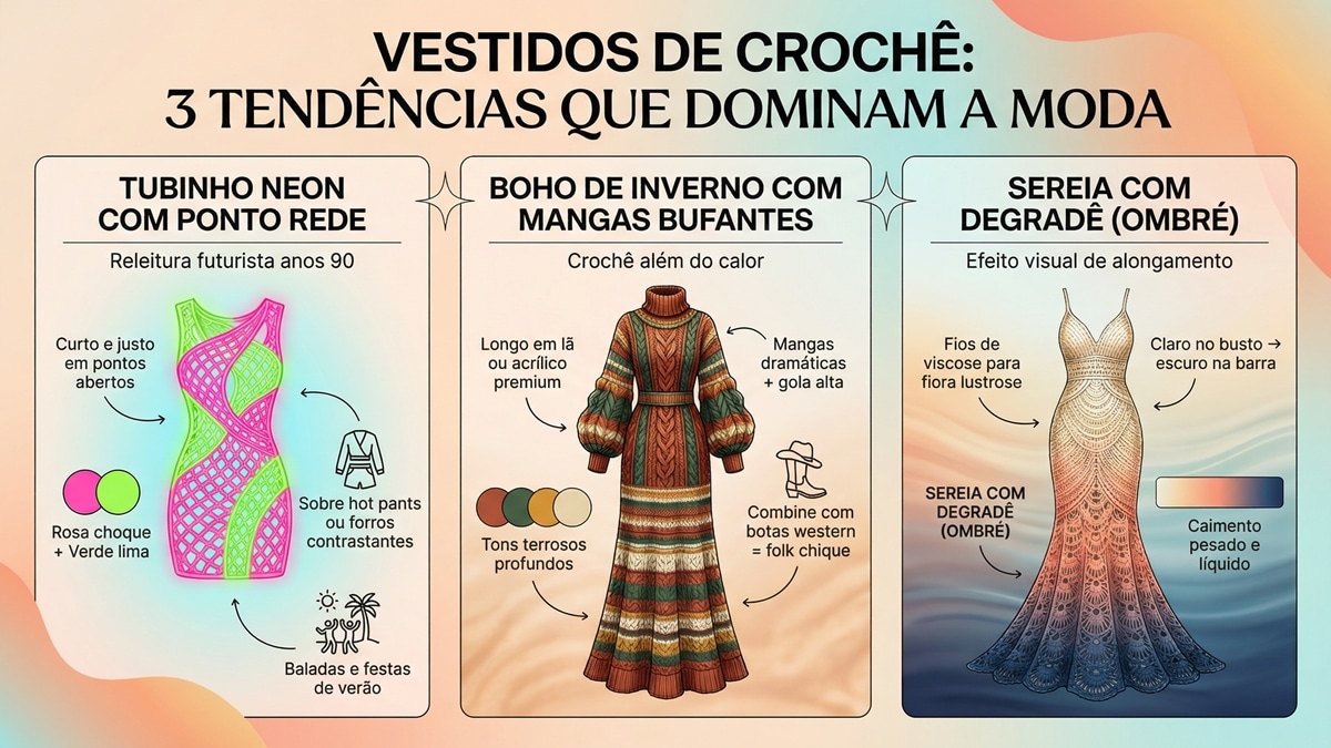 nfográfico com três tendências de vestidos de crochê: tubinho neon, boho de inverno e sereia degradê