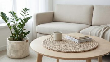 Interior minimalista com cestos e cachepôs de crochê em tons neutros