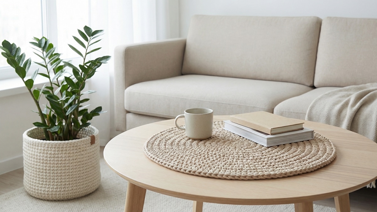 Interior minimalista com cestos e cachepôs de crochê em tons neutros