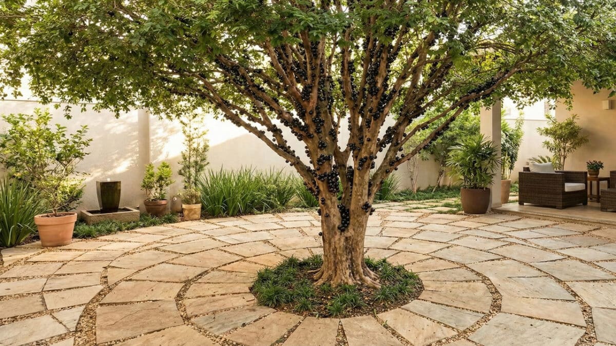 Uma jabuticabeira majestosa é o ponto central de um pátio externo. O tronco da árvore está densamente carregado de jabuticabas pretas e brilhantes. Ela cresce a partir de um pequeno canteiro circular com grama, cercada por um pavimento de pedras claras dispostas em um padrão concêntrico. Ao fundo, vê-se uma área de lazer aconchegante com poltronas de vime, vasos de plantas ornamentais e uma parede de tom neutro sob iluminação suave.