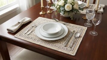 Jogo americano em crochê com design complexo e geométrico, posicionado corretamente sob os pratos da mesa posta, com texturas ricas e detalhes intrincados, sobre mesa elegante com iluminação natural, em estilo fotografia realista de produto de alta qualidade