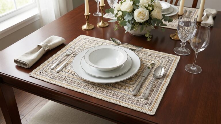 Jogo americano em crochê com design complexo e geométrico, posicionado corretamente sob os pratos da mesa posta, com texturas ricas e detalhes intrincados, sobre mesa elegante com iluminação natural, em estilo fotografia realista de produto de alta qualidade