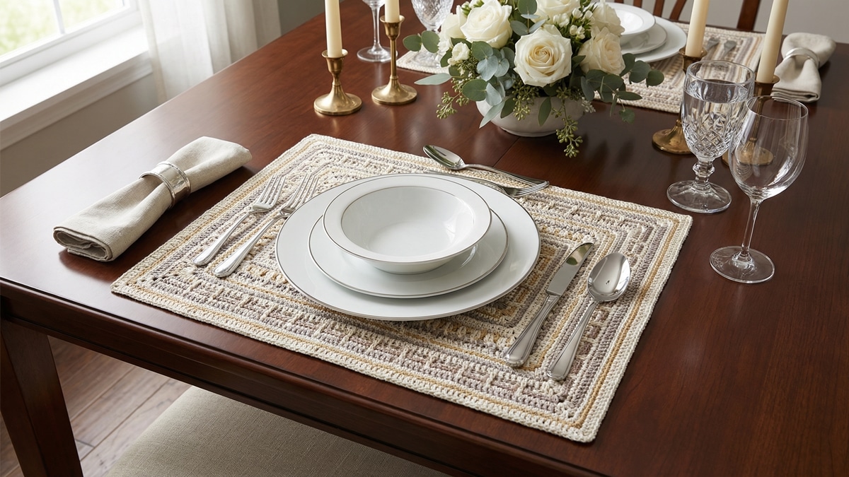Jogo americano em crochê com design complexo e geométrico, posicionado corretamente sob os pratos da mesa posta, com texturas ricas e detalhes intrincados, sobre mesa elegante com iluminação natural, em estilo fotografia realista de produto de alta qualidade