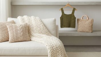 Living minimalista com manta, almofadas, top e bolsa de crochê moderno