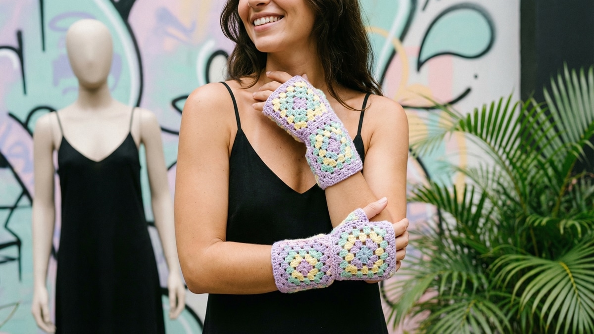 Mulher sorrindo usando luvas de crochê coloridas em tons pastel, estilo Y2K moderno