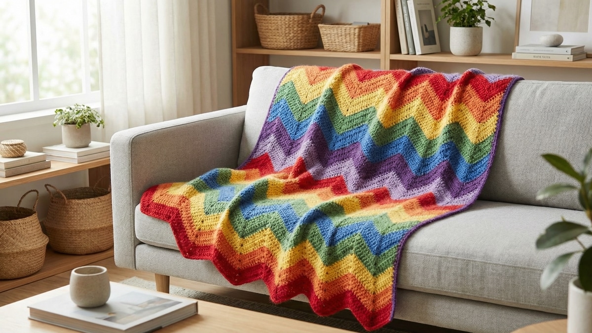Sala de estar com manta de crochê arco-íris em ponto zig-zag sobre sofá cinza claro