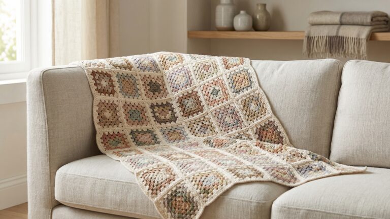 Manta de croche artesanal com granny squares coloridos sobre sofa de linho claro em ambiente aconchegante
