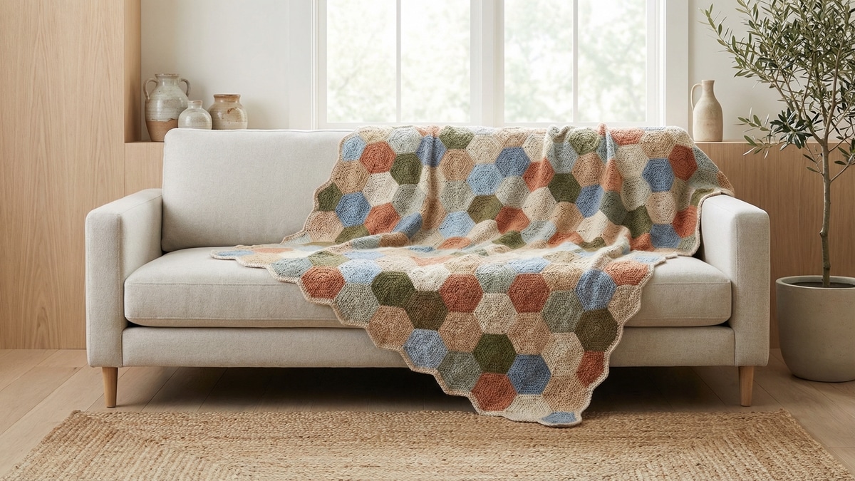 Manta de crochê com hexágonos coloridos em tons neutros e suaves sobre sofá claro em sala contemporânea
