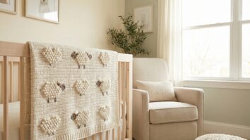 Manta de crochê infantil off-white com ovelhas em relevo sobre berço em quarto aconchegante