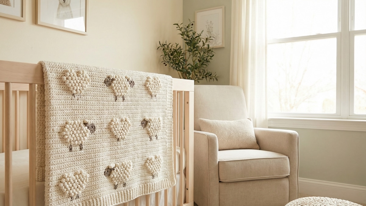 Manta de crochê infantil off-white com ovelhas em relevo sobre berço em quarto aconchegante