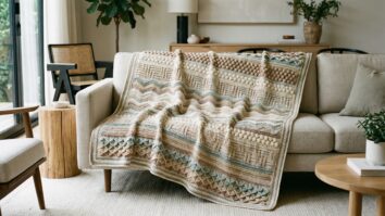 Manta de crochê artesanal com pontos variados sobre sofá em sala contemporânea