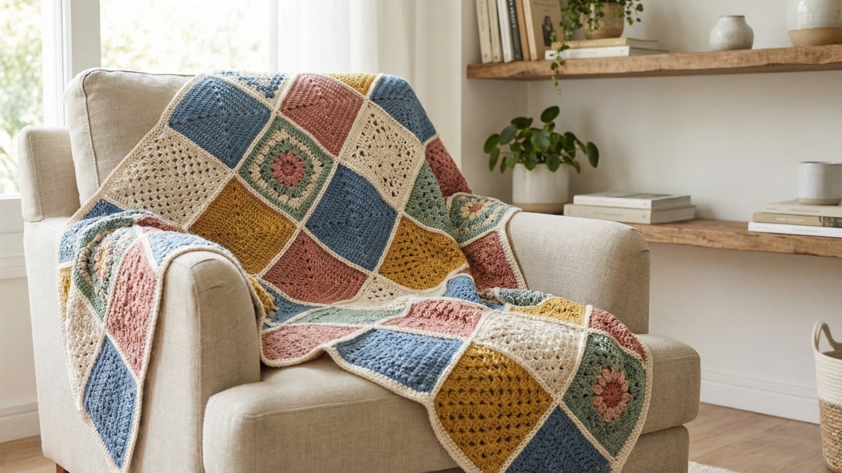 Manta de crochê com squares clássicos em tons charmosos sobre sofá claro, destacando a união perfeita dos blocos e padrões variados, iluminada por luz natural.
