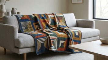 Manta de crochê com squares modulares criando ilusão de ótica 3D sobre sofá minimalista