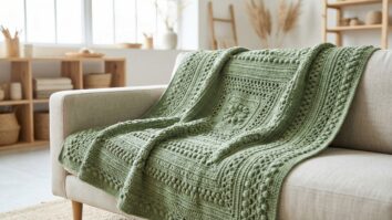 Manta de crochê verde com pontos em relevo sobre sofá linho claro