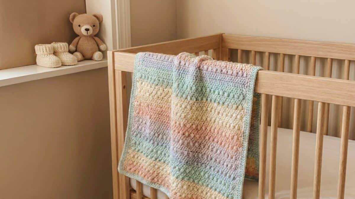 Manta de crochê infantil colorida em tons pastéis com textura de pontos relevo, estendida sobre um berço de madeira clara. Ao fundo, um ursinho de pelúcia amigurumi e sapatinhos de crochê decoram o quarto de bebê aconchegante.