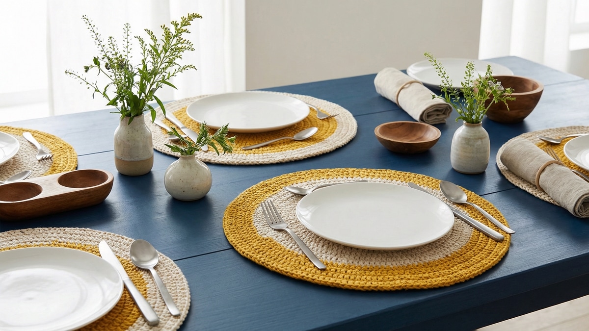 Mesa posta contemporânea para almoço ou jantar com sousplats redondos de crochê artesanal em algodão cru com destaque vibrante em tom mostarda, posicionados sobre mesa azul