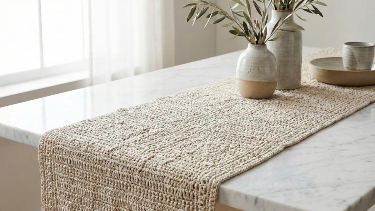 Vista em close de um caminho de mesa em crochê de trama fechada na cor bege, estendido sobre uma superfície luxuosa que combina mármore Carrara branco. A composição é complementada por louças de cerâmica minimalistas e flores secas, criando uma atmosfera de decoração moderna e aconchegante."