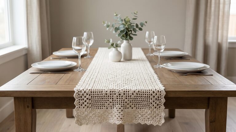 Mesa de jantar com caminho de mesa em crochê off-white sobre madeira clara