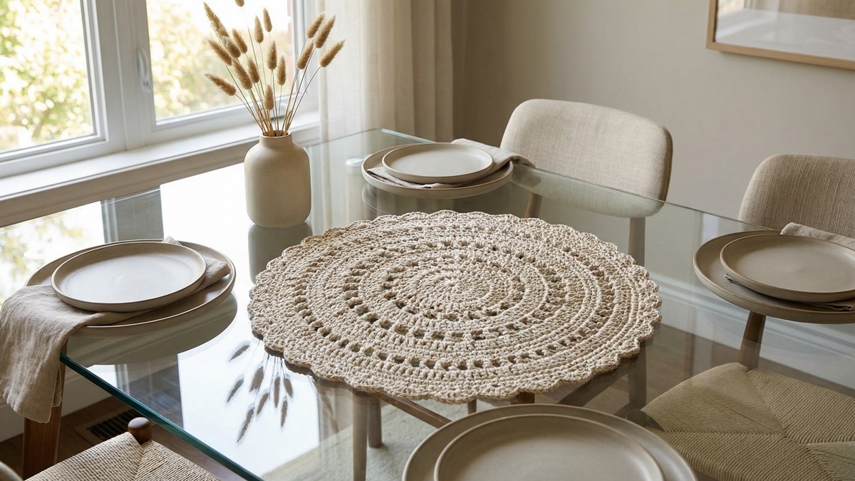 Mesa de jantar com centro redondo de crochê bege e decoração contemporânea