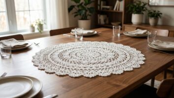 Mesa de jantar com centro de mesa redondo de croche branco artesanal sobre madeira natural com louça neutra