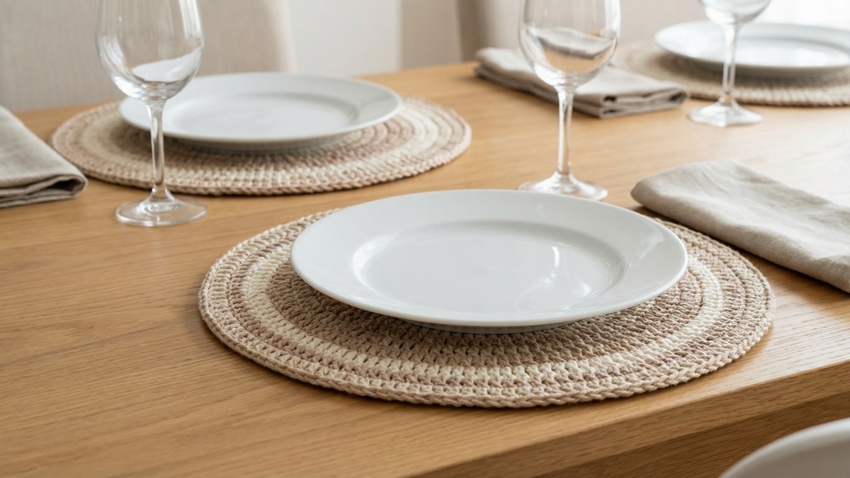 Mesa de jantar com sousplats de crochê em tons terrosos sob pratos brancos