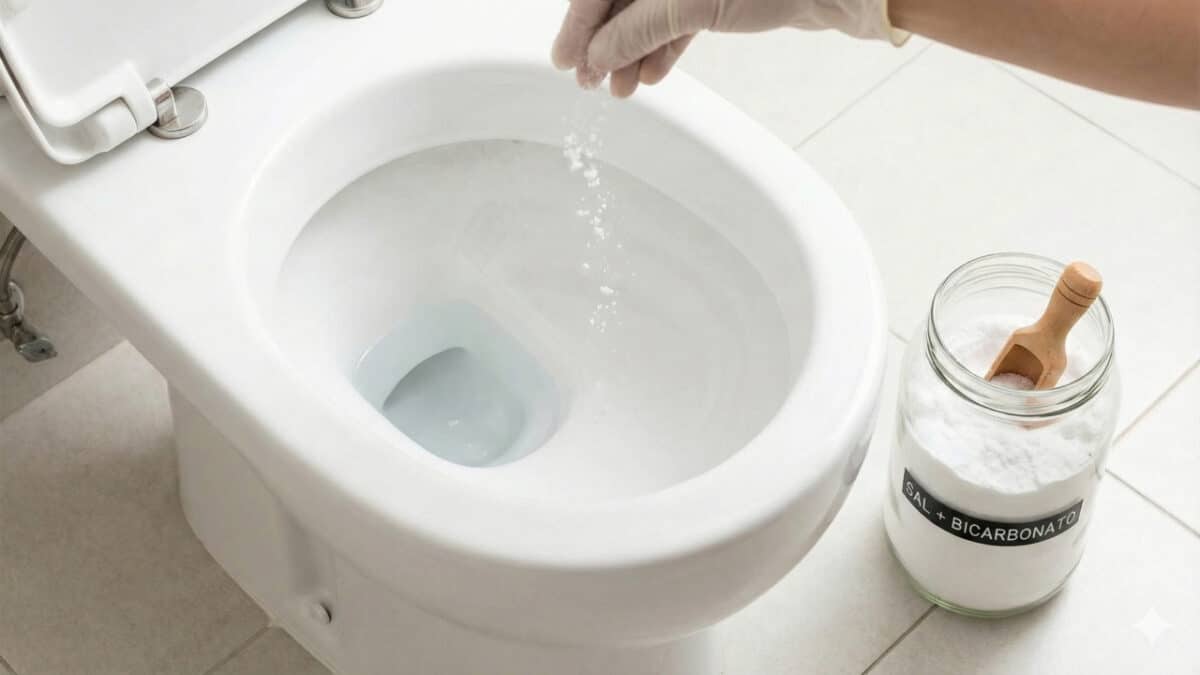 Pessoa colocando sal com bicabornato no vaso sanitário para limpeza potencializada