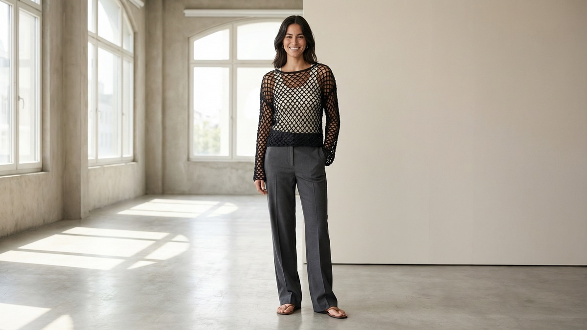 Mulher sorrindo em estilo moda urbana contemporânea usando blusa de crochê artesanal estilo trama arrastão (fishnet), finalizada em tom preto, confeccionada em fio de algodão