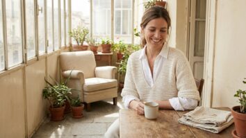 Cena editorial de ambiente elegante e atemporal com mulher sorrindo usando blusa de crochê artesanal finalizada, modelo decote em V profundo, em tom neutro sofisticado (off-white ou bege claro).