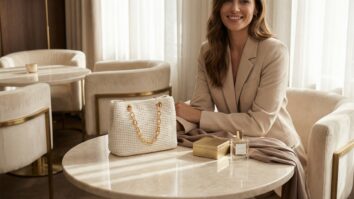 Cena editorial de ambiente de moda sofisticado com mulher sorrindo usando bolsa de crochê artesanal de luxo, modelo mini tote estruturada, em tom neutro elegante.