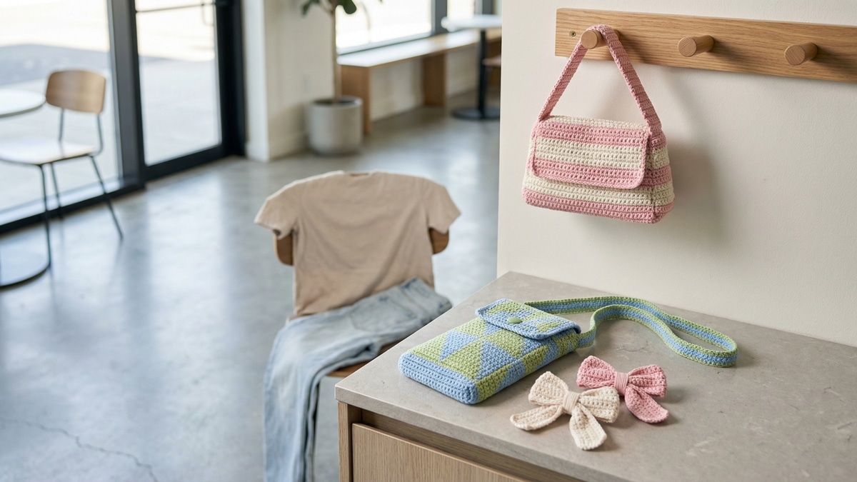 Cena editorial de ambiente urbano moderno com acessórios de crochê moderno artesanal finalizados, incluindo porta celular (phone bag), mini bolsa estruturada e laços delicados estilo coquette.