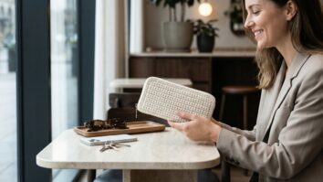 Cena editorial de ambiente urbano elegante com mulher sorrindo mostrando carteira de crochê artesanal finalizada, modelo maxi carteira com zíper (clutch), em tom neutro sofisticado (bege, off-white ou caramelo claro).