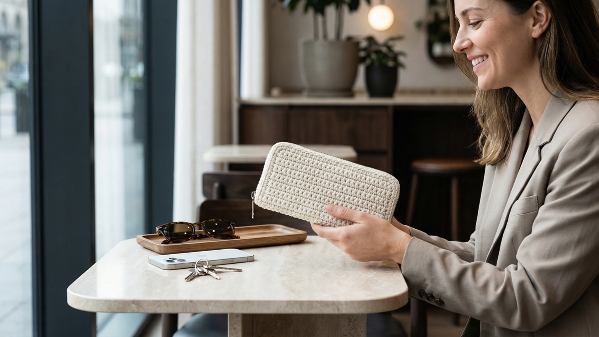Cena editorial de ambiente urbano elegante com mulher sorrindo mostrando carteira de crochê artesanal finalizada, modelo maxi carteira com zíper (clutch), em tom neutro sofisticado (bege, off-white ou caramelo claro).