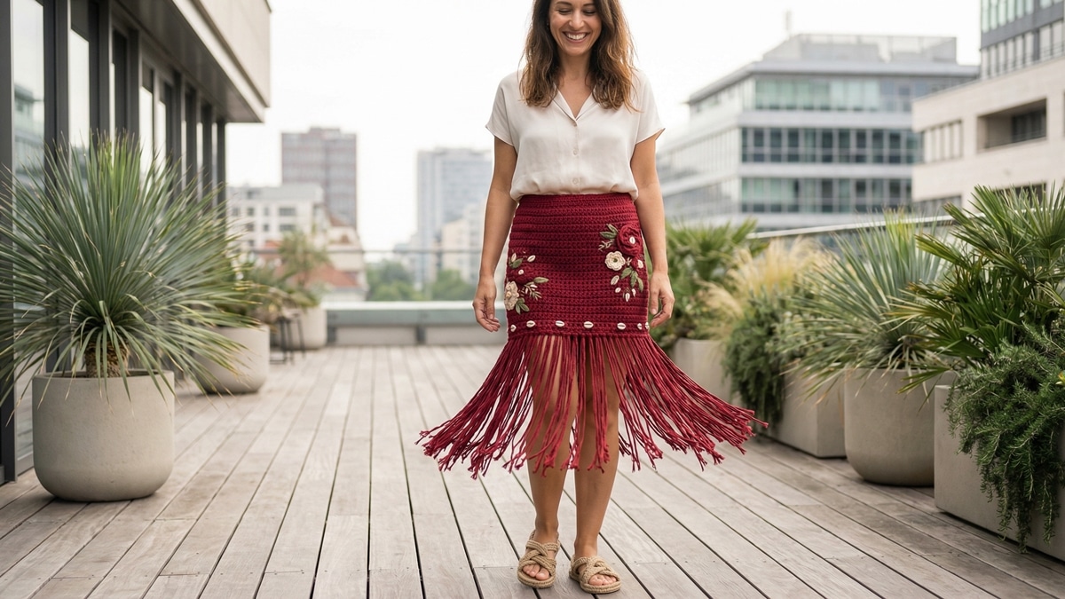 Cena editorial de ambiente urbano contemporâneo com mulher sorrindo usando saia de crochê artesanal finalizada, modelo mini saia com franjas e aplicações, em tom sofisticado (vermelho).
